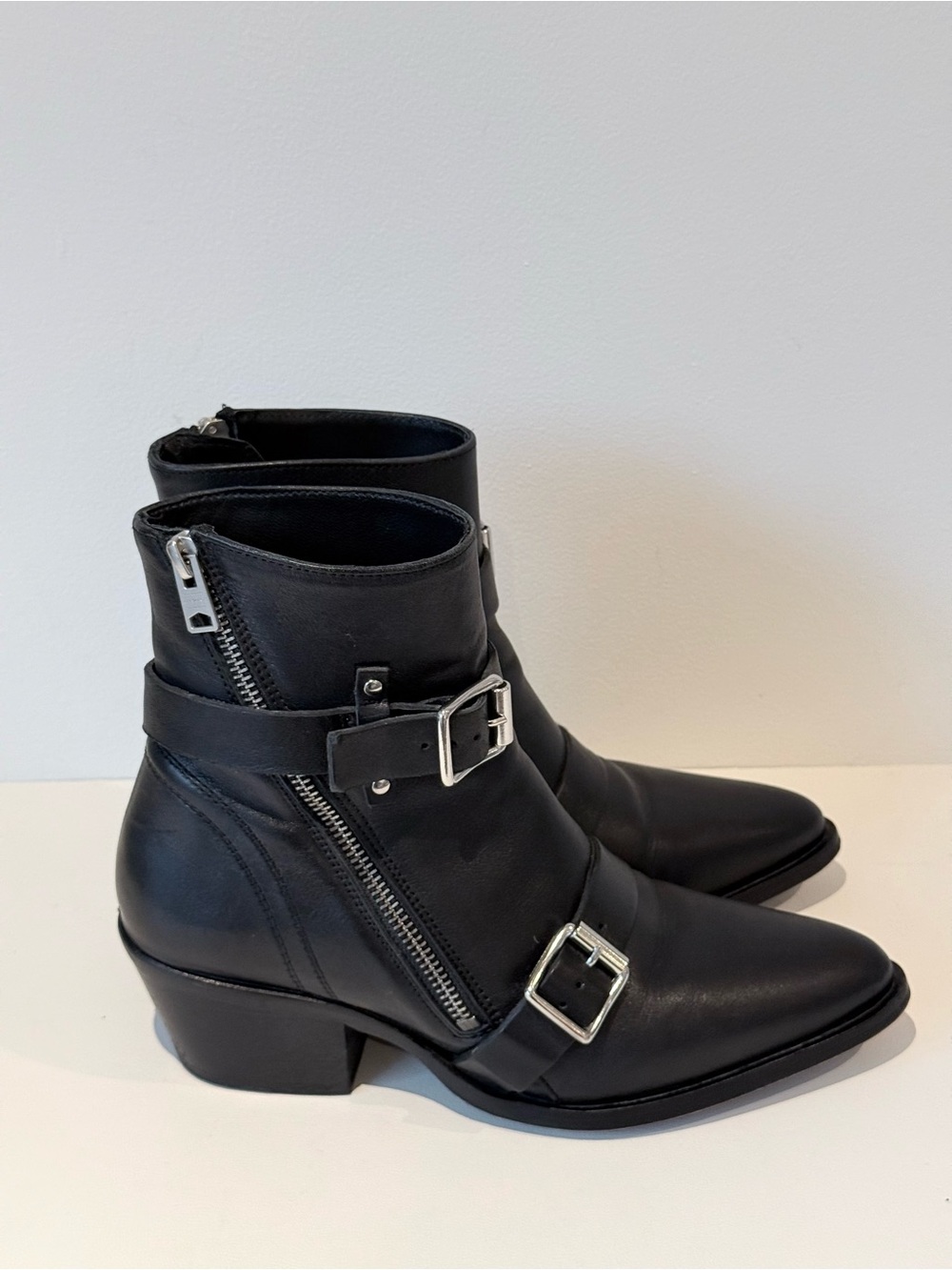 ALLSAINTS Lior Boots Black Leather Buckle Ankle Boots Leather Pointed Moto